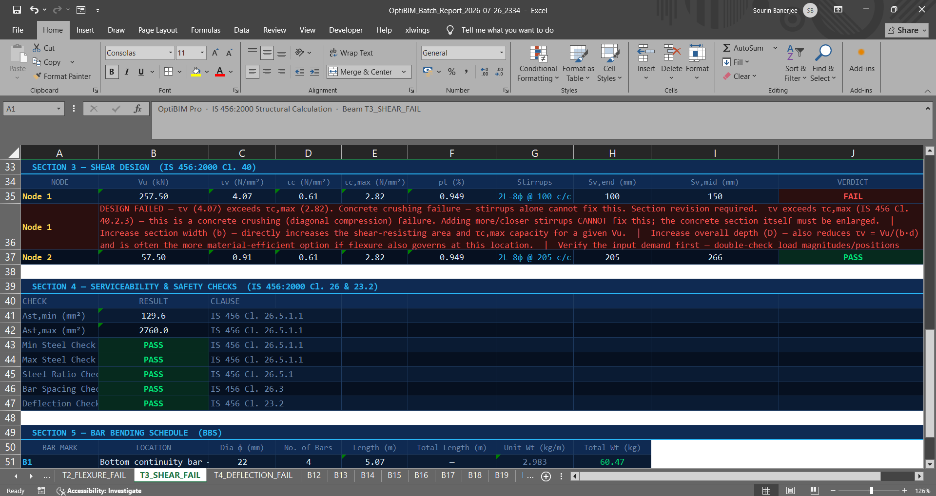 Excel batch report showing a shear design FAIL with detailed IS 456 engineering explanation of the failure and remedy