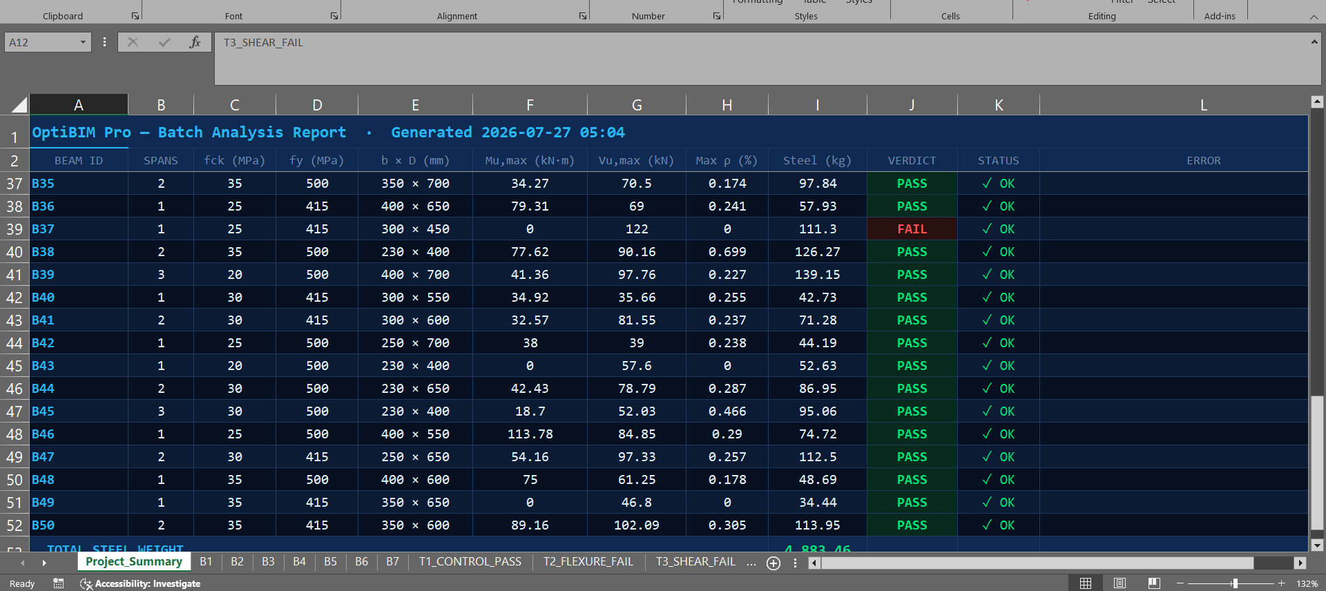 Batch analysis project summary spreadsheet with verdicts and total steel weight across 50 beams